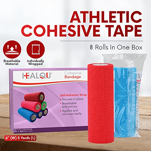 Image of HEALQU Self Adhesive Bandage Wrap - Cohesive Tape for Athletic and Sports 6 inchx5yd, 12 Rolls - Self Adherent Medical Tape, Flexible, Elastic Bandages Multicolor for Wrist & Ankle Vet Wrap for Dogs.