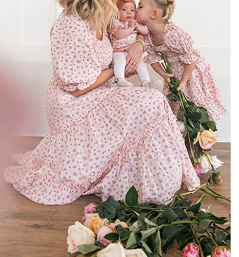 Mommy and Me Dresses Matching Set Summer Boho Dress Square Neck Ruffle Sleeves Floral Tiered Dress for Women and Girls3