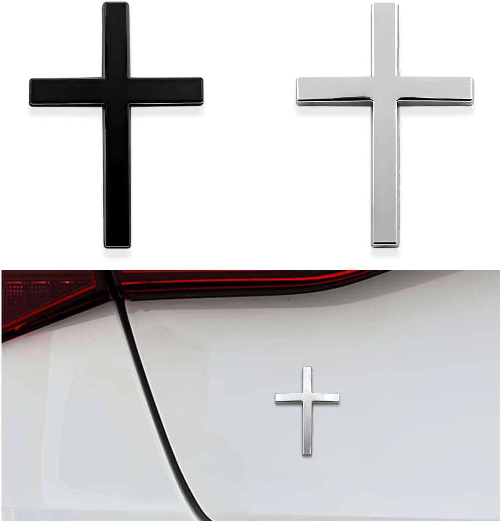 DXNQ 2PCS Metal Jesus Christ Cross Badge Stickers, 2.5"×1.8" Alloy 3D Individual Car Cross Sticker, Self Adhesive Scratch Covering Metal Cross Auto Emblem Decal for Car Body Fender Tail (Silver)