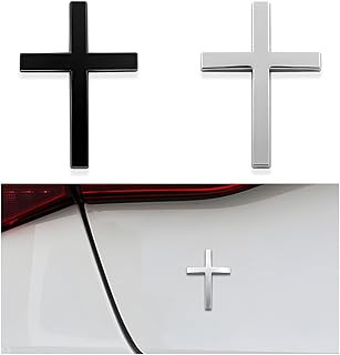 2PCS Metal Jesus Christ Cross Badge Stickers, 2.5"×1.8" Alloy 3D Individual Car Cross Sticker, Self Adhesive Scratch Covering Metal Cross Auto Emblem Decal for Car Body Fender Tail (Black+Silver)