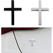 DXNQ 2PCS Metal Jesus Christ Cross Badge Stickers, 2.5"1.8" Alloy 3D Individual Car Cross Sticker, Self Adhesive Scratch Covering Metal Cross Auto Emblem Decal for Car Body Fender Tail Black+Silver