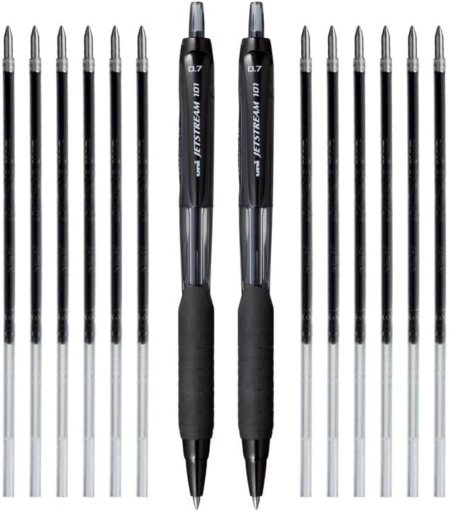 uni-ball Jetstream 0.7mm SXN101 & SXR-71 Roller Ball Pen - Refill Combo | Black Ink, 2 Pcs Pens with 12 Pcs Refills