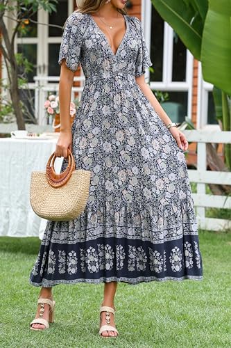 Image of R.Vivimos Women's Summer V Neck Maxi Dress Boho Floral Print Short Sleeve Elastic Waist Ruffle Patchwork A-Line Beach Dress