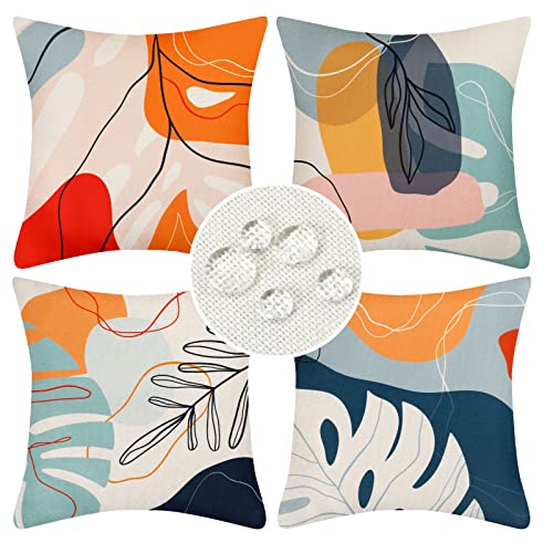 DakTou Boho Cushion covers 50 x 50 Set of 4 Outdoor Waterproof Linen Throw Pillowcases Modern Abstract Leaves Art Mid Century Decorative Pillow Covers for Sofa Porch Patio Home Decor