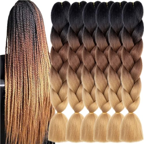 TENGSHUO FLY Black to Brown to Light Brown Braiding Hair 6 Packs Synthetic Braid Hair Extensions Ombre Braiding Hair 24 Inch or Box Braids Twist Crochet Braids(24"6Pack,Black to Brown to Light Brown)