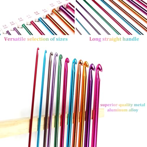 Image of HASTHIP 11PCS Long Crochet Hook Set, 2.0-8mm Aluminum Knitting Needles Set Crochet Hooks, Beginners Metal Multicolour Knitting Tools Set Knitting & Crochet Supplies for Beginners
