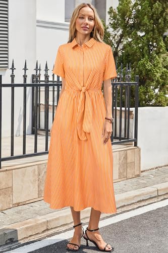 Image of Newshows Women's Work Business Casual Outfits Tie Waist Midi Shirt Dress | Lightweight & Breathable Easy-care Fabric, Side Pockets, Decent Professional Attire, Church Office Funeral Outfits