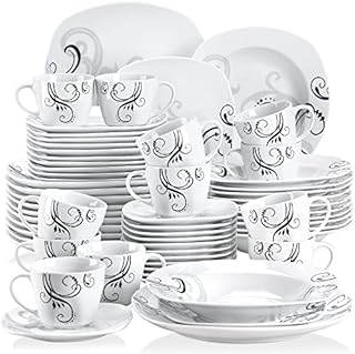 VEWEET 'Zoey' 60-Piece Dinner Set Ivory White Black Decals Porcelain Ceramic Combination Sets with Cups/Saucers/Dessert Plates/Soup Plates/Dinner Plates Service for 12