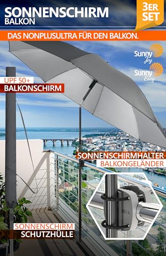 4smile Sonnenschirm Balkon SunnyJoy, 3-in-1 SET, Anthrazit - UPF 50+ Sonnenschirm Ø 180 cm + Sonnenschirmhalter Balkongeländer + Sonnenschirmhülle - Sonnenschutz Balkon Set 2