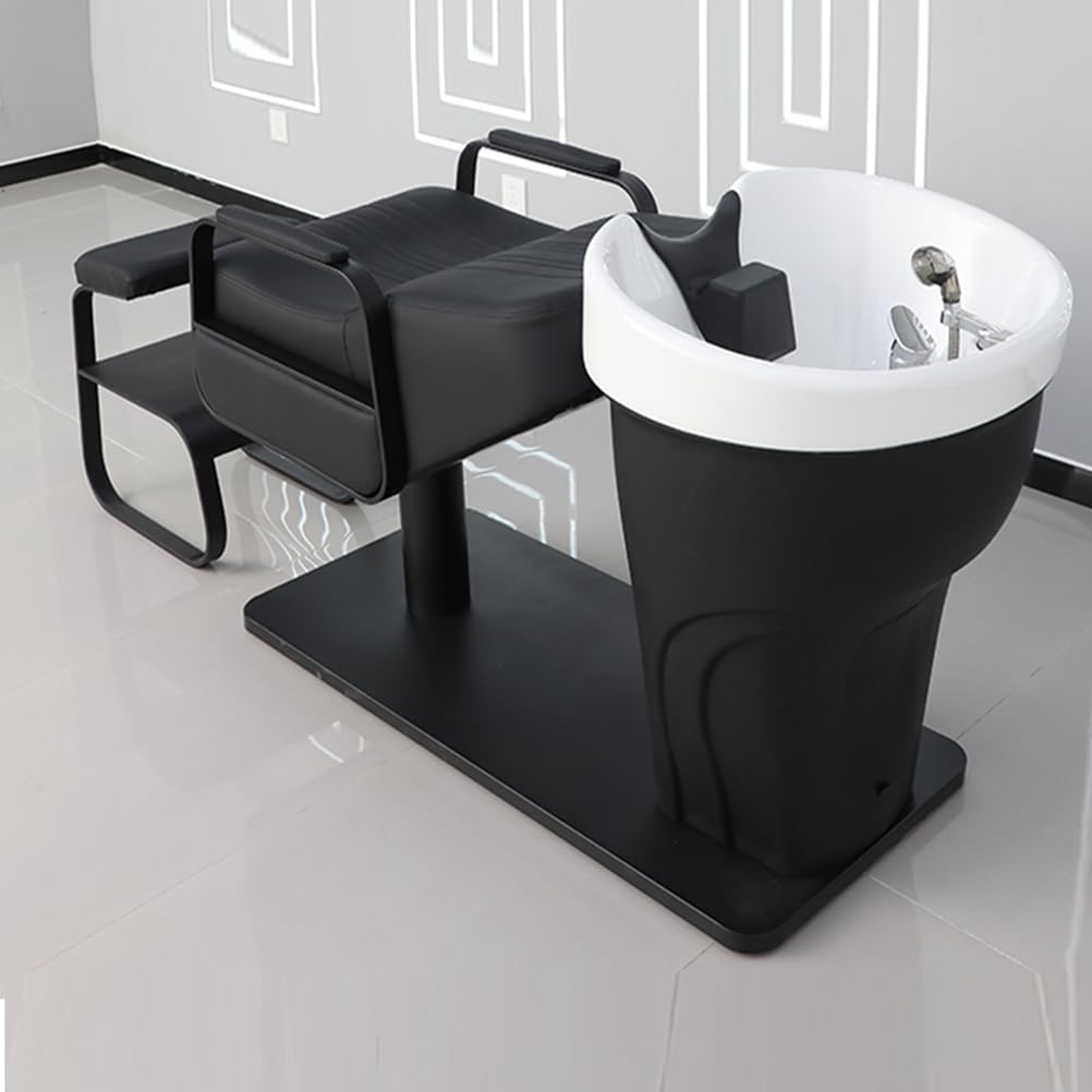 Fotel do szamponu z podnóżkiem i ceramiczną umywalką - umywalka fryzjerska i jednostka myjąca, fotel do masażu do pielęgnacji włosów, model półleżący