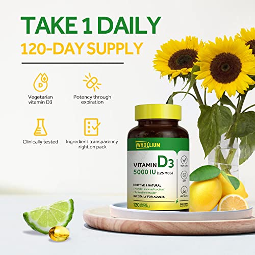 Whollium Vitamin D3 (As Cholecalciferol), 5000 Iu (125 Mcg), Supports Bones & Dental Health, Premium For Brain & Immune Function, No Gelatin, No Gluten, No Dairy, 120 Vegetarian Softgels #TOP2