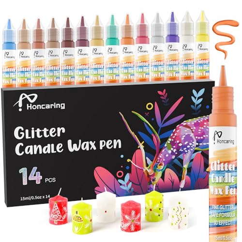 Honcaring Candle Wax Pen Easy to Use Glitter Painting Pen 14 Glitter Colors Set for Candle Blessing Writing Decorating & More DIY Crafts(15ml/0.5oz*14)