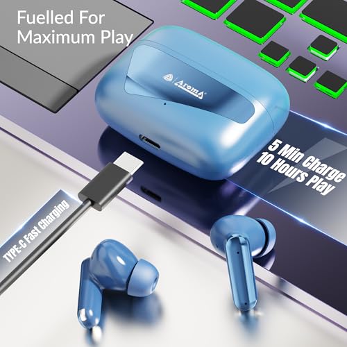 Image of AROMA TWS8 Harmony V5.4 True Wireless Earbuds, Chrome Blue | up to 60H Playtime, ENC, Fast Charging, Heavy Bass, Bluetooth
