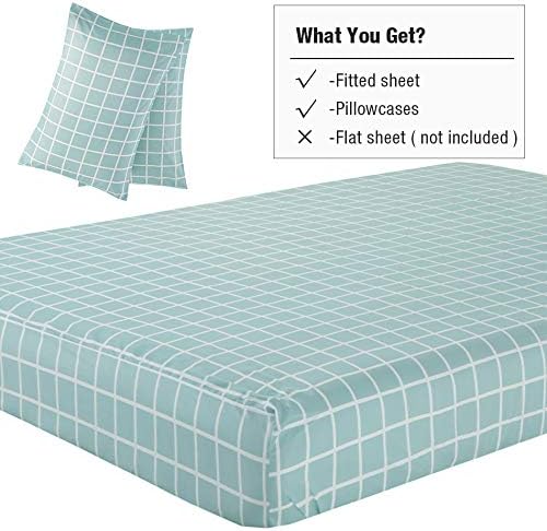 Vaulia Soft Microfiber Fitted Sheet, Light Blue Grid Pattern Queen Size, 3-Piece (1 Fitted Sheet 2 Pillowcases)