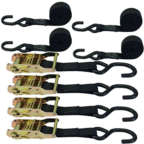 Cargo Equipment Corp. 4 Pack of 1 inch Black Ratchet Straps with Coated S Hooks