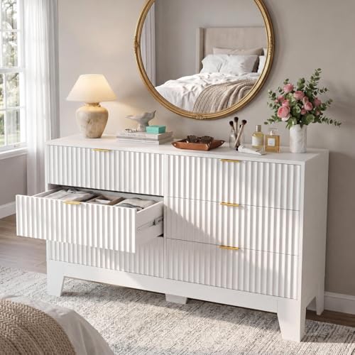 IDEALHOUSE 6 Drawer Dresser for Bedroom Fluted Dresser for Living Room