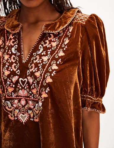 Women's Velvet Mini Dress V-Neck Puffy Short Sleeve Embroidered Short Dress Vintage Floral Holiday Party Dress4