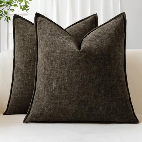 Sungeek Set of 2 Soft Chenille Cushion Covers 40x40cm Square Decorative Throw Pillow Covers with Stitched Edge Solid Dyed Pillow Cases Covers for Home Decor Couch Sofa Bed Living Room Brown