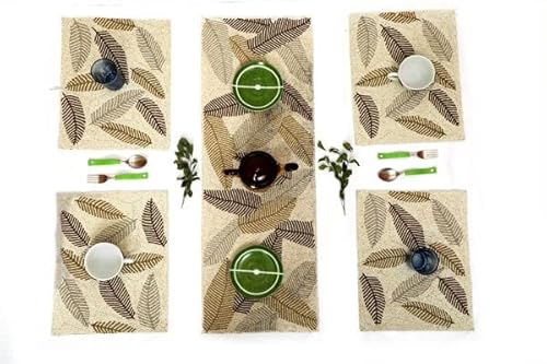 ADITYA IMPEX Best Export Quality Jacquard Beaded Dining Table Mats 5 Pieces with Runner -(Set of 5 ,One Runner nd 4 Placemats) (Mats- 14" x 12" and Table Runner- 36" x 13",) Cream nd Copper Leaf