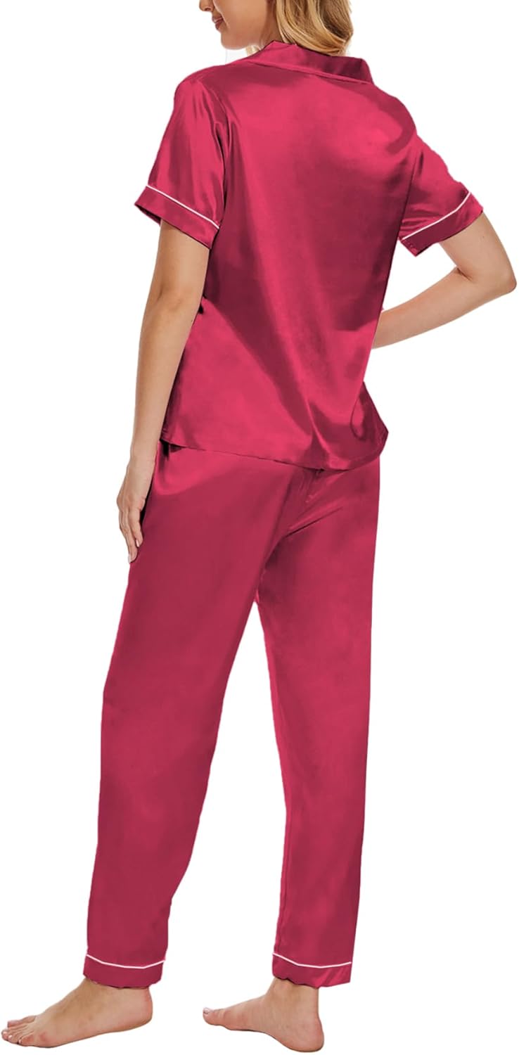 VENTELAN Womens Silk Satin Pajama Sets Short Sleeve Button Down Top and Long Pants 2 Piece Pjs Set Soft Sleepwear - Image 2