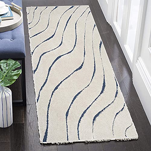 Image of (Pack of 2 Abstract Wavy Design Shaggy Carpet for Living Room, Bedroom, High Low Design Finish Microfiber 1.8 Inch Pile High, 2x5 Feet Runner Ivory|Light Blue Color