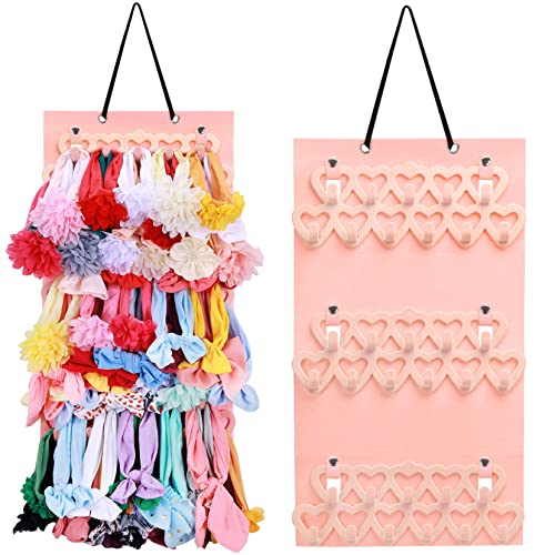 Image of Headband Holder for Baby Girls, Vimiv Headband Organizer for Baby Girls, Baby Bow Holder Organizer w/Heart-Shape Velvet Hangers, Baby Headbands Holder Organizer for Door,Closet,Wall, Soft Pink