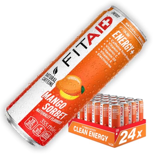 FITAID Mango Sorbet Clean Energy Drink & Hydration Helper - Trinkfertiges Sportgetränk mit Koffein aus Grünem Tee, Elektrolyte, BCAA, Kurkuma, Vitamine, Aminosäuren, Quercetin, CoQ10, Stevia, 24x355ml