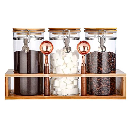GURUDAR Glass Coffee Storage Container with Bamboo Shelf, 3PCS 49oz Airtight Sealed Coffee Bean Jar with Clamp Lid & Measuring Spoon, Kitchen Pantry Canister Set for Ground Coffee Sugar Tea Flour