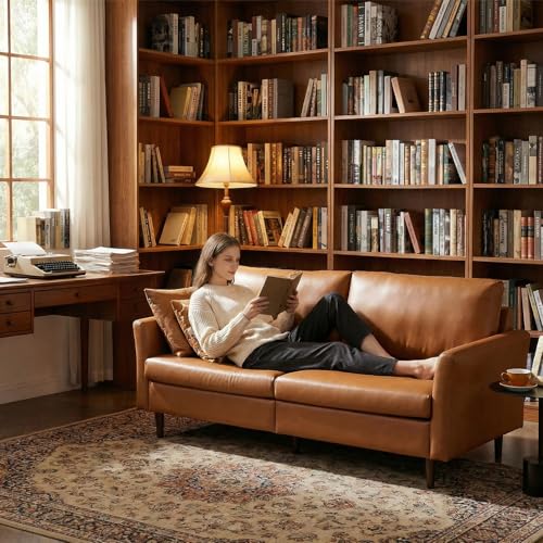 Image of Kingfun 80 inch Faux Leather Sofa Couch, Mid Century Modern Leather Couch with Rolled Arms and Deep Seats, Brown Leather Sofa for Living Room, 3-Seater Couch for Apartment, Office and Bedroom, Dark Brown