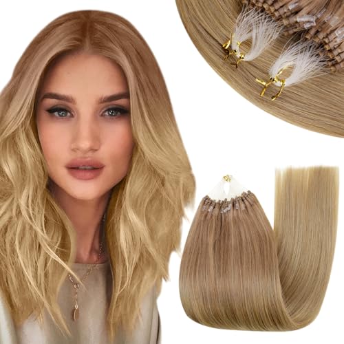 RUNATURE Micro Ring Hair Extensions Human Hair Brown Ombre Blonde Micro Loop Hair Extensions Blonde Balayage Micro Beads Hair Extensions Human Hair 22 Inch 50g 1g/Strand