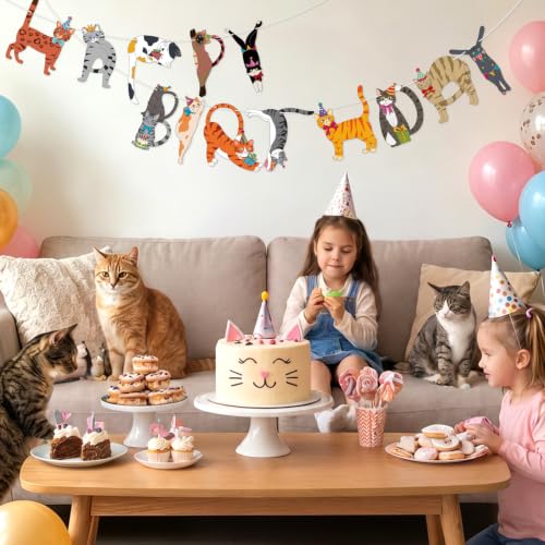 Image of Hooqict Happy Birthday Banner Cat Birthday Party Banner Decorations Garland Sign for Kids Adults Funny Cat Themed Birthday Party Decorations Supplies