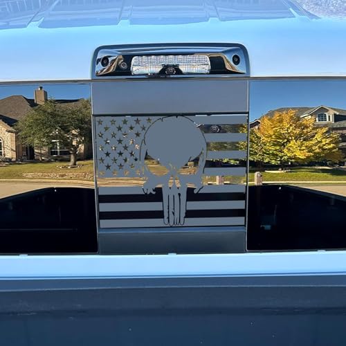 Image of for Ford F150 2015-2023 Rear Middle Window Skull American Flag Decal, Matte Black Skull American Flag Decal for Truck, Truck Aceessories