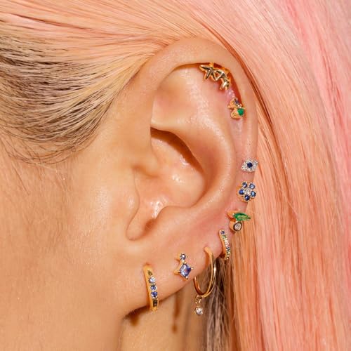 Gold Earrings Set for Women Trendy 14K Gold Plated Gold Dainty Small CZ Diamond Opal Pearl Evil Eye Stud Huggie Hoop Earrings Cartilage Earrings for Women2