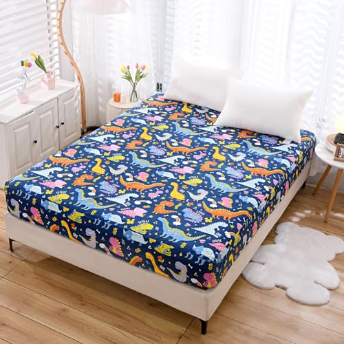 NATURETY Bedding Fitted Sheet with Deep Pocket for Boys Girls Twin Bed,Dino Printed Thicken Fabric Bed Sheets (Navy Blue(Dinosaur), Twin)