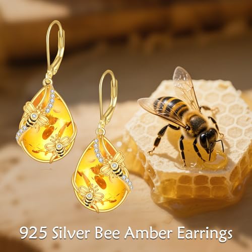 Image of LUHE Bee Earrings for Women 925 Sterling Silver Bumble Earrings with Honeycomb Honeybee Jewelry Dangle Gifts for Women