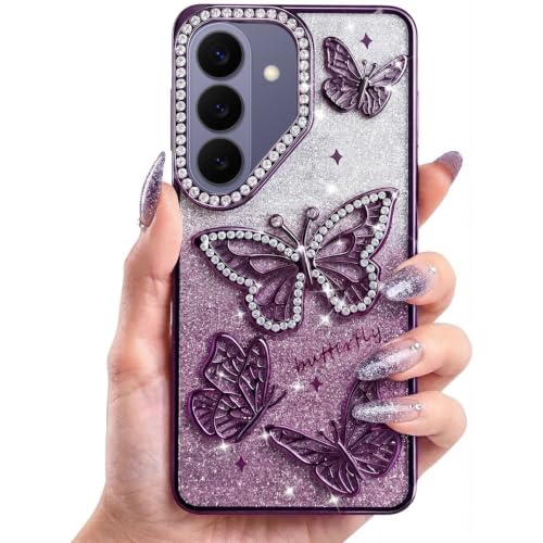 Image of Elzzi Compatible with Samsung Galaxy S26 Plus 5G Case, Luxury Electroplated Butterfly Glitter Back Cover, Pearlescent Diamond Soft TPU Shockproof Protective Case, Deep Purple