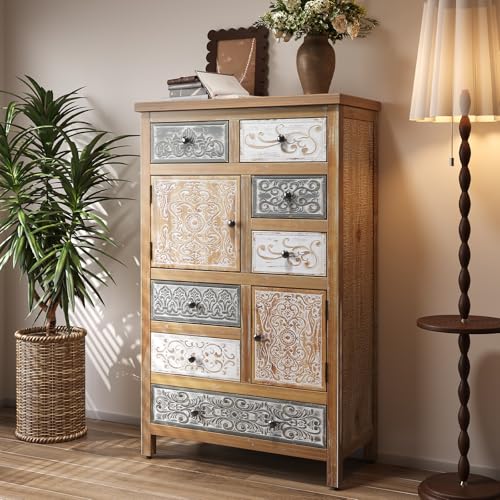 Image of Vintage Carved Accent Cabinet with 7 Drawers, Solid Wood Storage Sideboard for Living Room, Dining Room & Hallway, 47.44 inch Tall