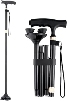 Walking Cane for Men & Women - Walking Sticks for Hiking, Folding Cane with LED Light, Pivoting Quad Base,Adjustable Walking Sticks, Canes for Seniors & Adults