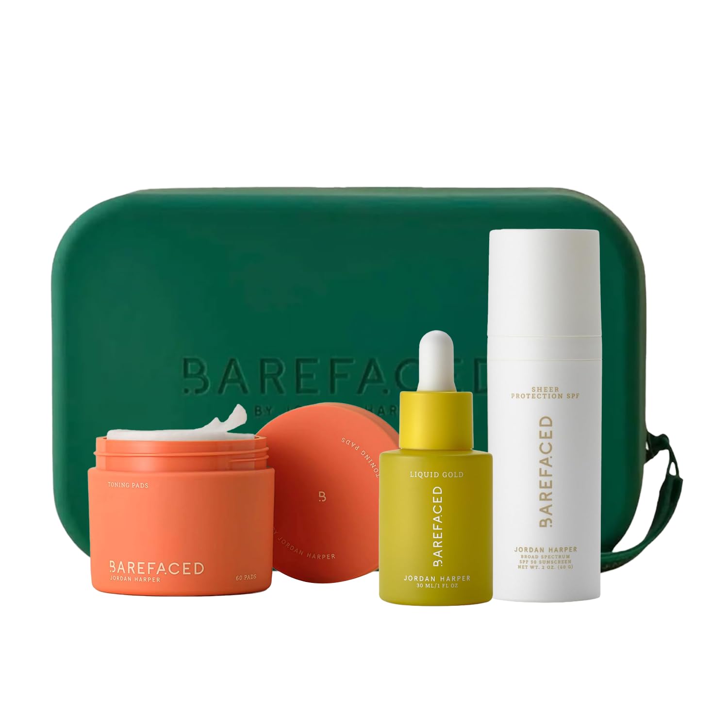 Barefaced Summer Staples Kit - Toning Pads, Liquid Gold, Sheer SPF, Silicone Pouch - Skincare Bundle for Hot Weather, Sun Protection