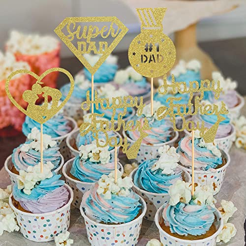 24Pcs Happy Father's Day Cupcake Toppers Gold Glitter Super Dad Heart Medal Cupcake Picks For Fathers Day Party Cake Decorations Supplies… #TOP5