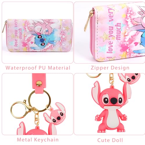 shengo Stitch Wallet Women's Wallet, Stitch Coin Purse Cartoon Purses PU Purse Long Stitch Wallets with Stitch Keychain, Gifts for Girls Women, Zippered (Style H) - Image 6