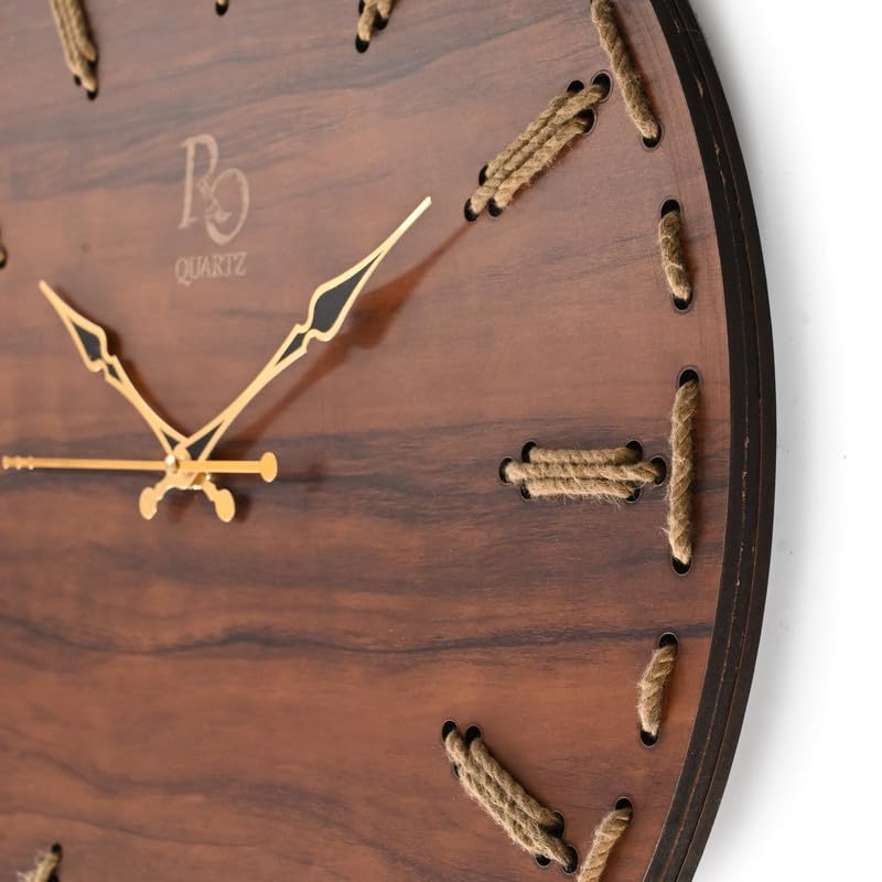 Image of Wooden Round Shape Wall Clock With Golden Hands and Golden Jute Rope Detailing | Elegant Silent Quartz Movement Anti Reflection Analog Vintage Clock for Home and Office (Brown, 15.5 Inch)