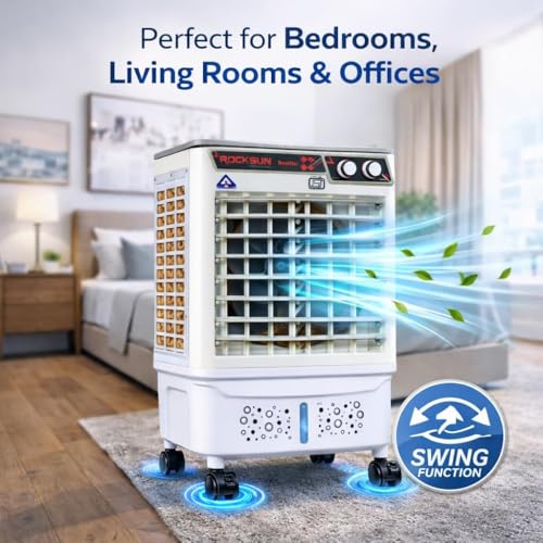 Image of ROCKSUN Beetle Desert Air Cooler for Room | 40L (30 Tank+10 Ice Chamber) | 12-Inch Powerful Fan | 3-Side Honeycomb Pads | Ice Chamber | Inverter Compatible | Swing Function | Portable