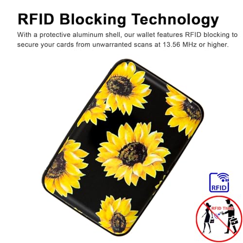 Image of Credit Card Holder, Metal Card Wallet RFID Blocking Mini Slim Aluminum Business Hard Card Case for Women Men (Black Background Sunflowers)