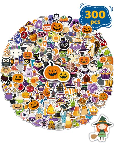 300 PCS Halloween Pumpkin Stickers Vinyl Waterproof Stickers for Water Bottles Laptop Skateboard Computer Halloween Party Favors Gifts Funny for Kids Teens Adults