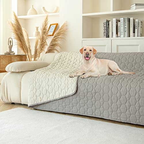 SOFTOWN Waterproof Pet Blankets Dog Bed Cover for Pets Reusable Furniture Protector (Grey+Ivory, 52"x82")