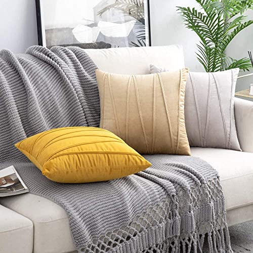 Image of Khooti Velvet Striped Cushion Cover Pack of 1-20 inch x 20 inch / 51 x 51 cm | Wheat | Soft Pillow Covers Cushion Case for Sofa Bedroom Livingroom Chair Car, Cushion Cover with Zig Zag Pattern