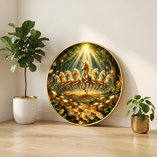 Image of SAF 7 Horse Vastu Round Wall Painting with Premium PVC Golden Frame, Golden Running Horses Wealth Coins Forest Art for Living Room Office Home Decor (12 x 12 Inch) GRS-438