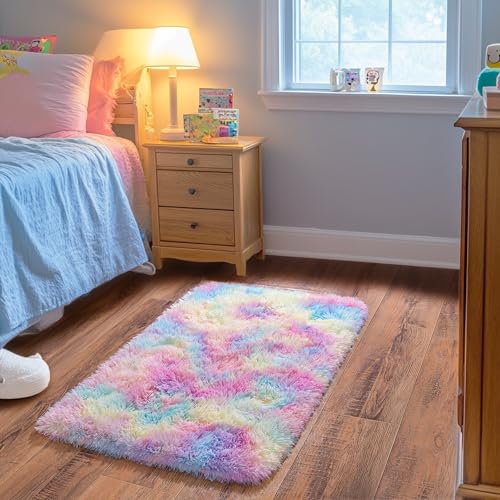 Small Area Rug, 2x3 Rainbow Rug for Bedroom Shaggy Throw Rugs for Girls Room, Soft Carpet for Kids Room, Plush Non-Slip Fluffy Bedside Rug for Living Room Nursery Dorm Home Decor