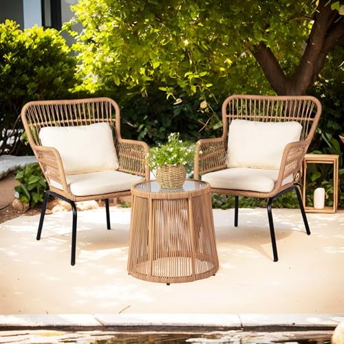 3 Piece Outdoor Wicker Furniture Bistro Set, Rattan Chairs Conversation Sets Wicker Patio Furniture for Balcony Poolside Backyard, Yellow/Beige - Image 3